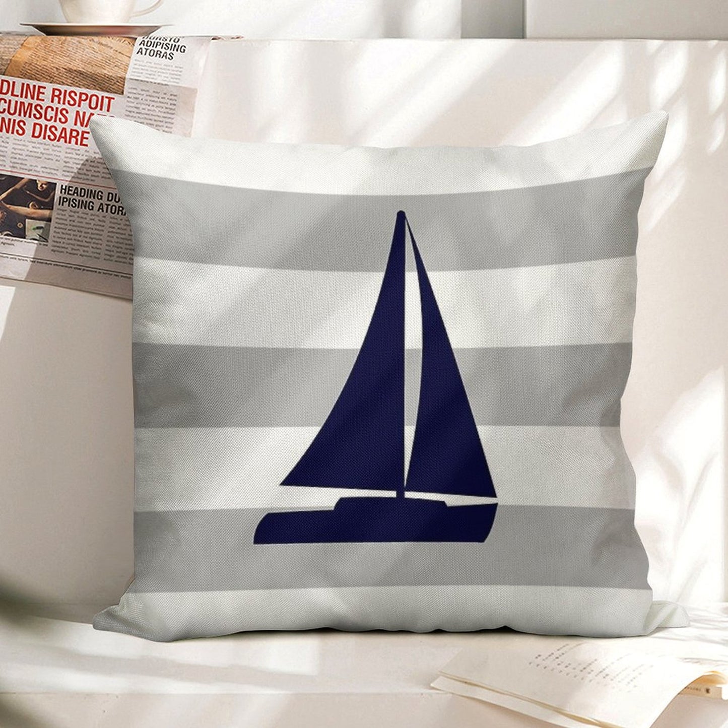 Nautical Navy Blue Sailboat On Silver Gray Stripes Linen Throw Pillow Cover
