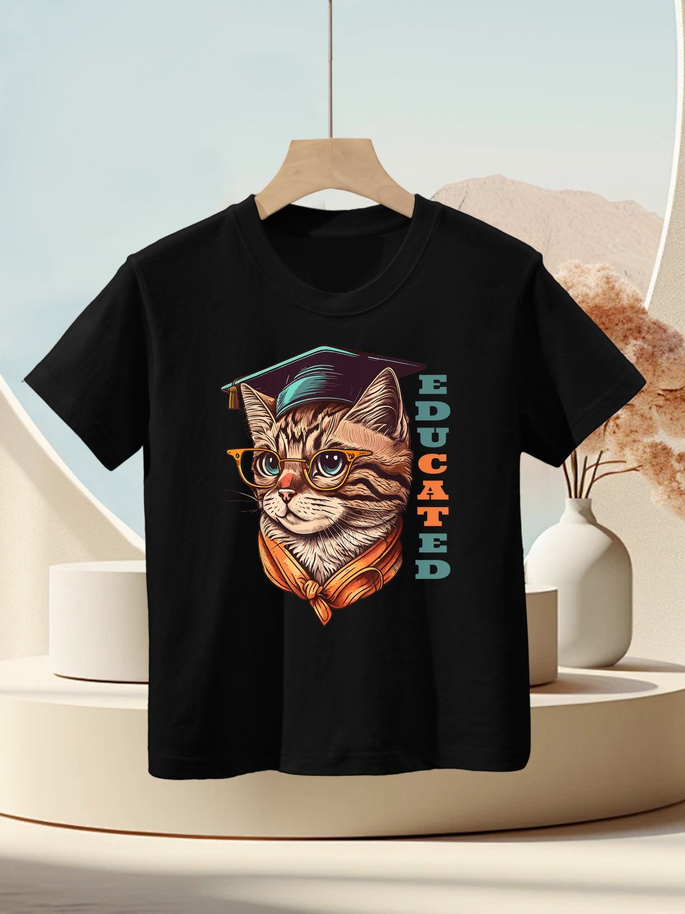 Educated Cat in Graduation Cap Funny Graduation Decorations Kids T-Shirt