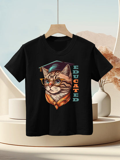 Educated Cat in Graduation Cap Funny Graduation Decorations Kids T-Shirt