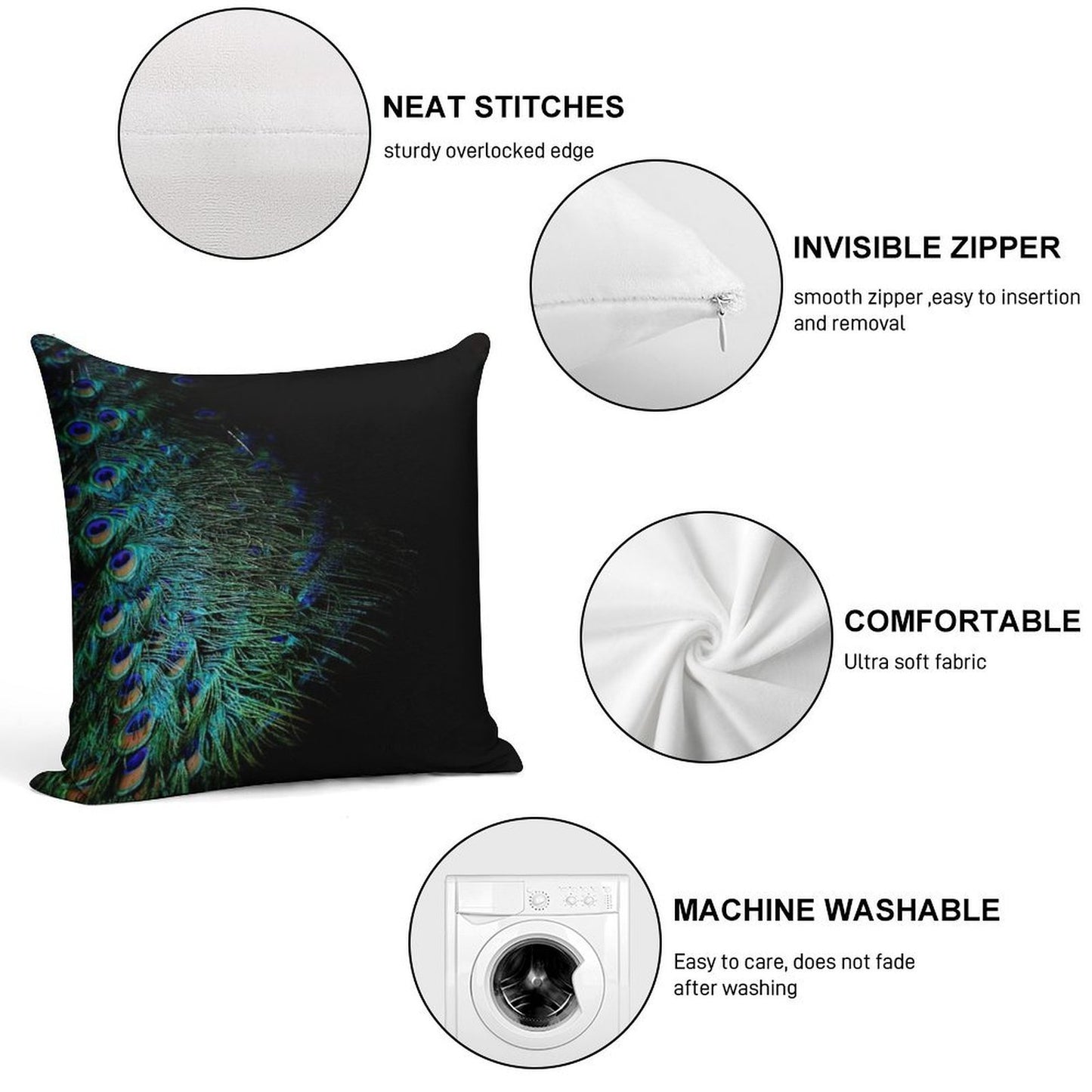 Peacock Feathers on A Black Background Soft Reinforced Edging Throw Pillow