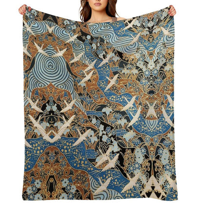 FLYING WHITE CRANES ON BLUE WATER AND SPRING FLOWERS  Antique Japanese Floral Throw Blanket
