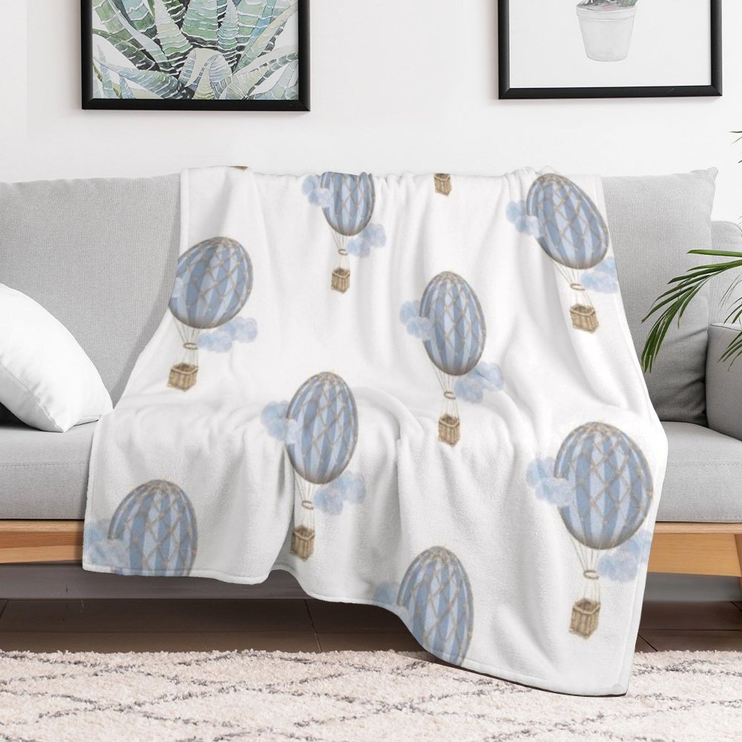 Blue Vintage Hot Air Balloon Throw Blanket