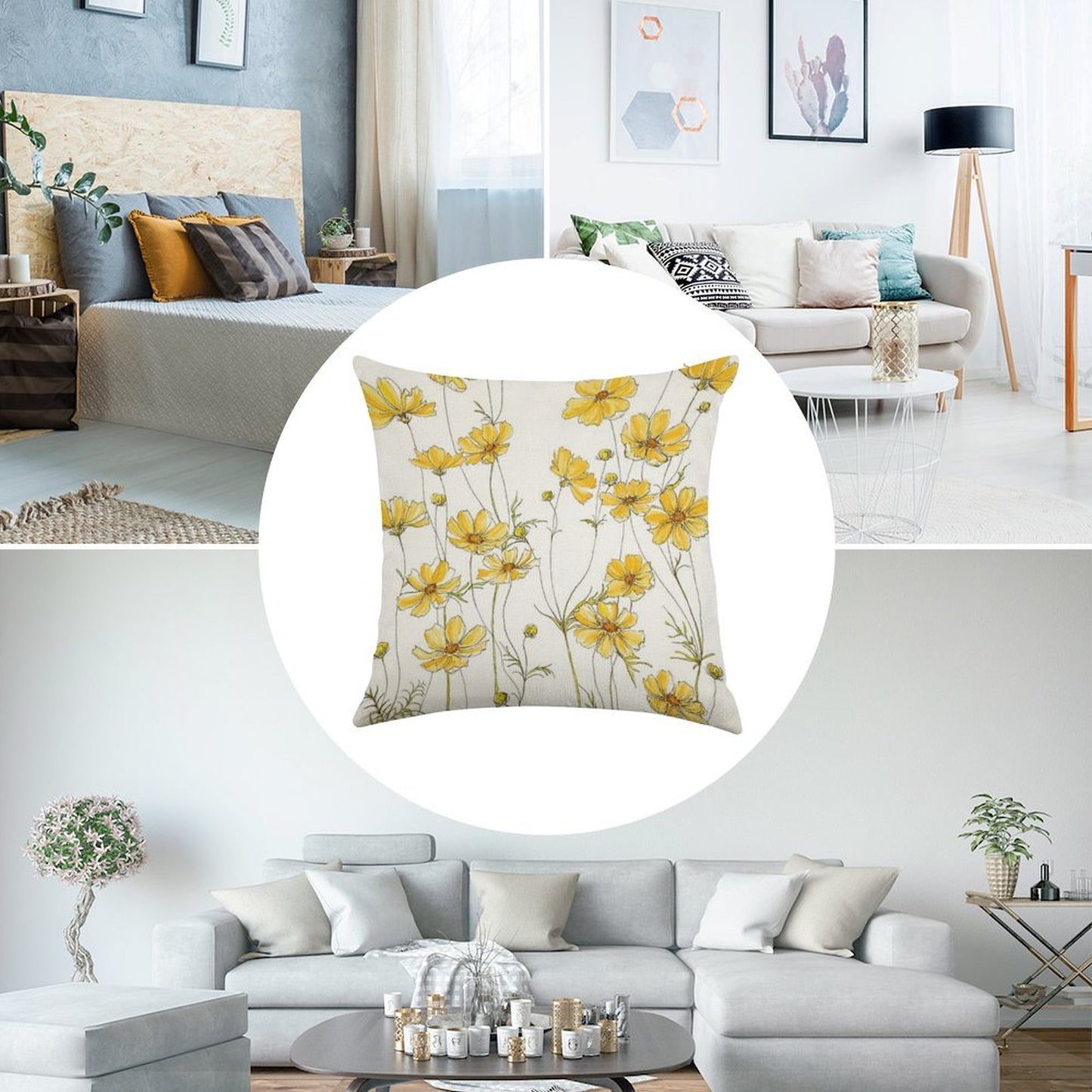 Yellow Cosmos Flowers Linen Throw Pillow Cover