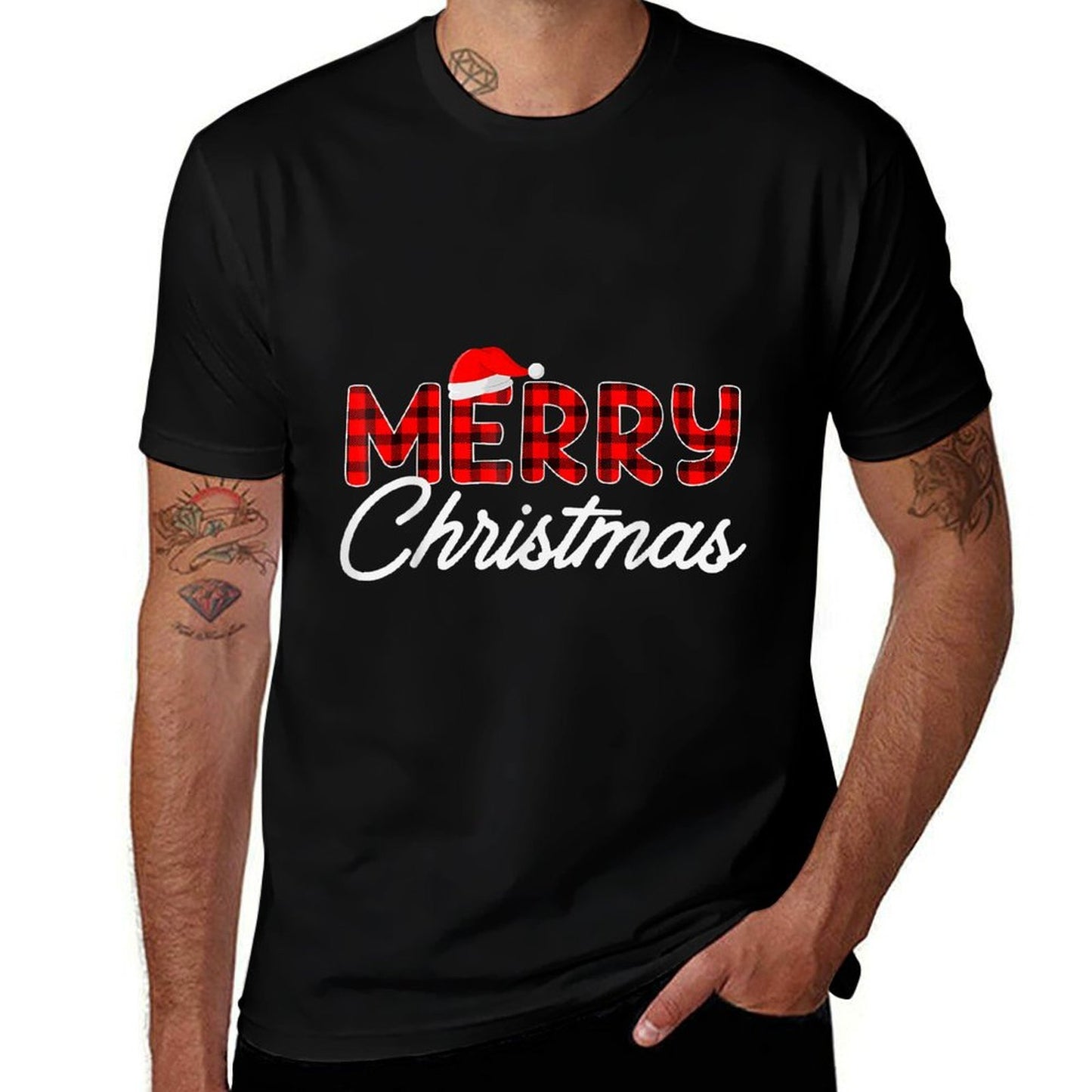 Merry Christmas Buffalo Plaid Red Santa Hat Xmas Pajamas  Breathable T-Shirt