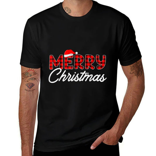 Merry Christmas Buffalo Plaid Red Santa Hat Xmas Pajamas  Breathable T-Shirt