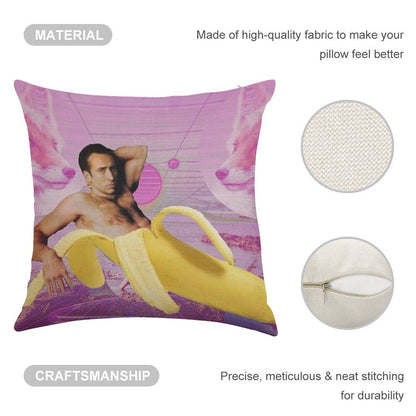 Nicholas Cage Banana Vaporwave Linen Throw Pillow Cover