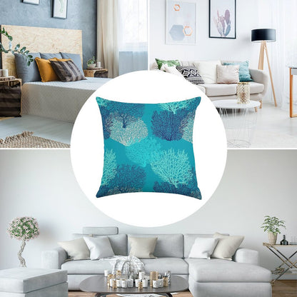 Fan Coral Print, Turquoise, Aqua And Cobalt Blue Linen Throw Pillow Cover