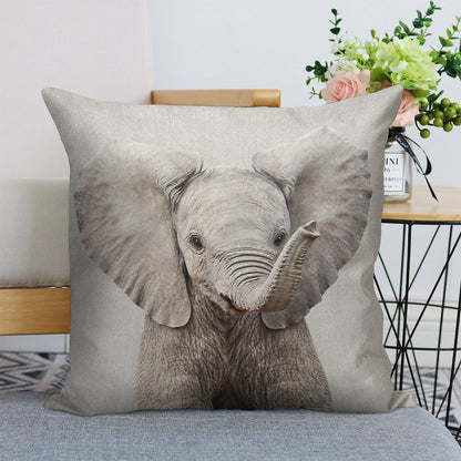 Baby Elephant - Colorful Linen Throw Pillow Cover