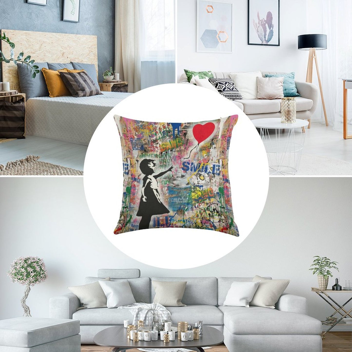 Balloon Girl Street Art Mashup Linen Throw Pillow Cover