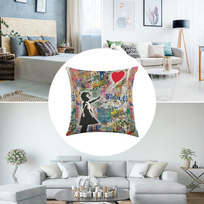 Balloon Girl Street Art Mashup Linen Throw Pillow Cover