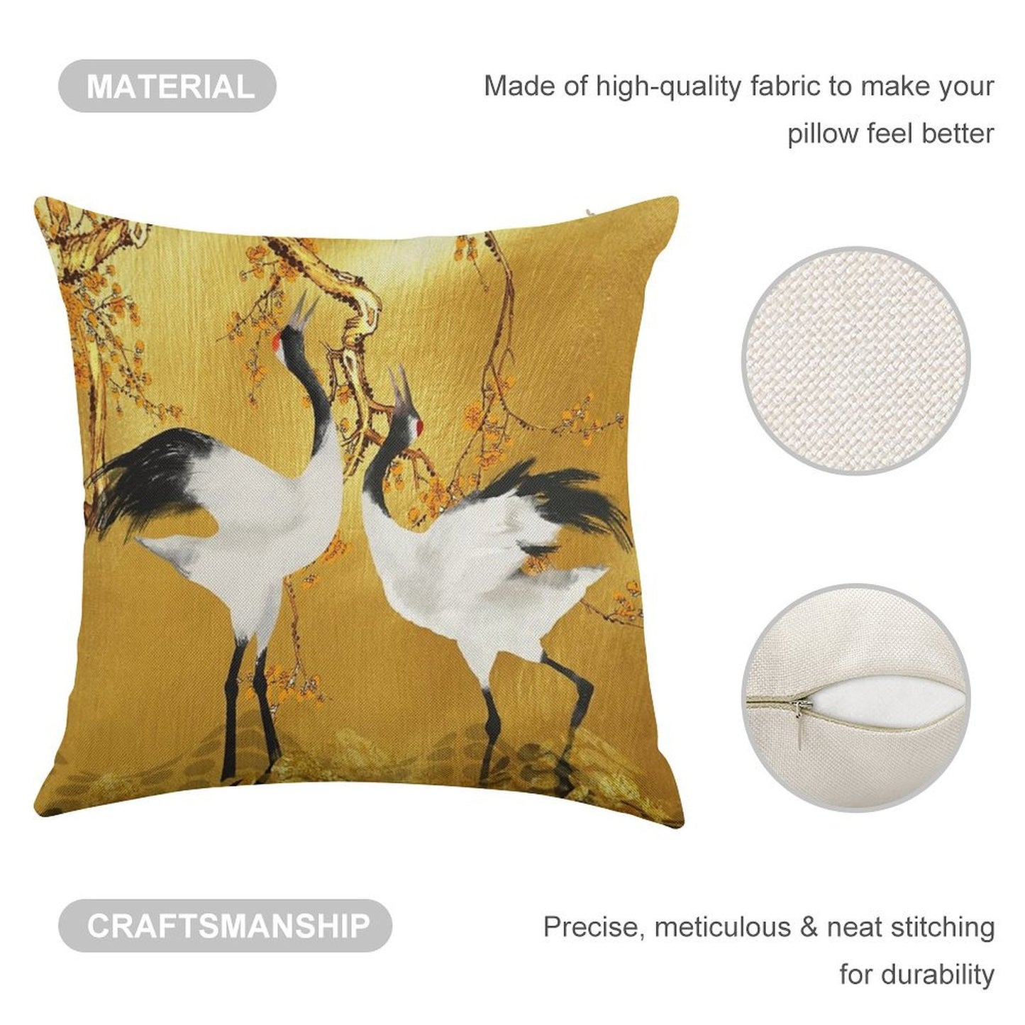 Golden Cranes Japanese Art Linen Throw Pillow Cover