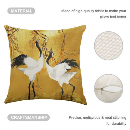 Golden Cranes Japanese Art Linen Throw Pillow Cover