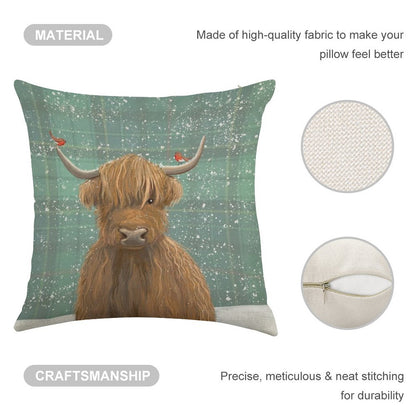 Scottish Highland Cow Winter Robins Tartan Linen Throw Pillow Cover
