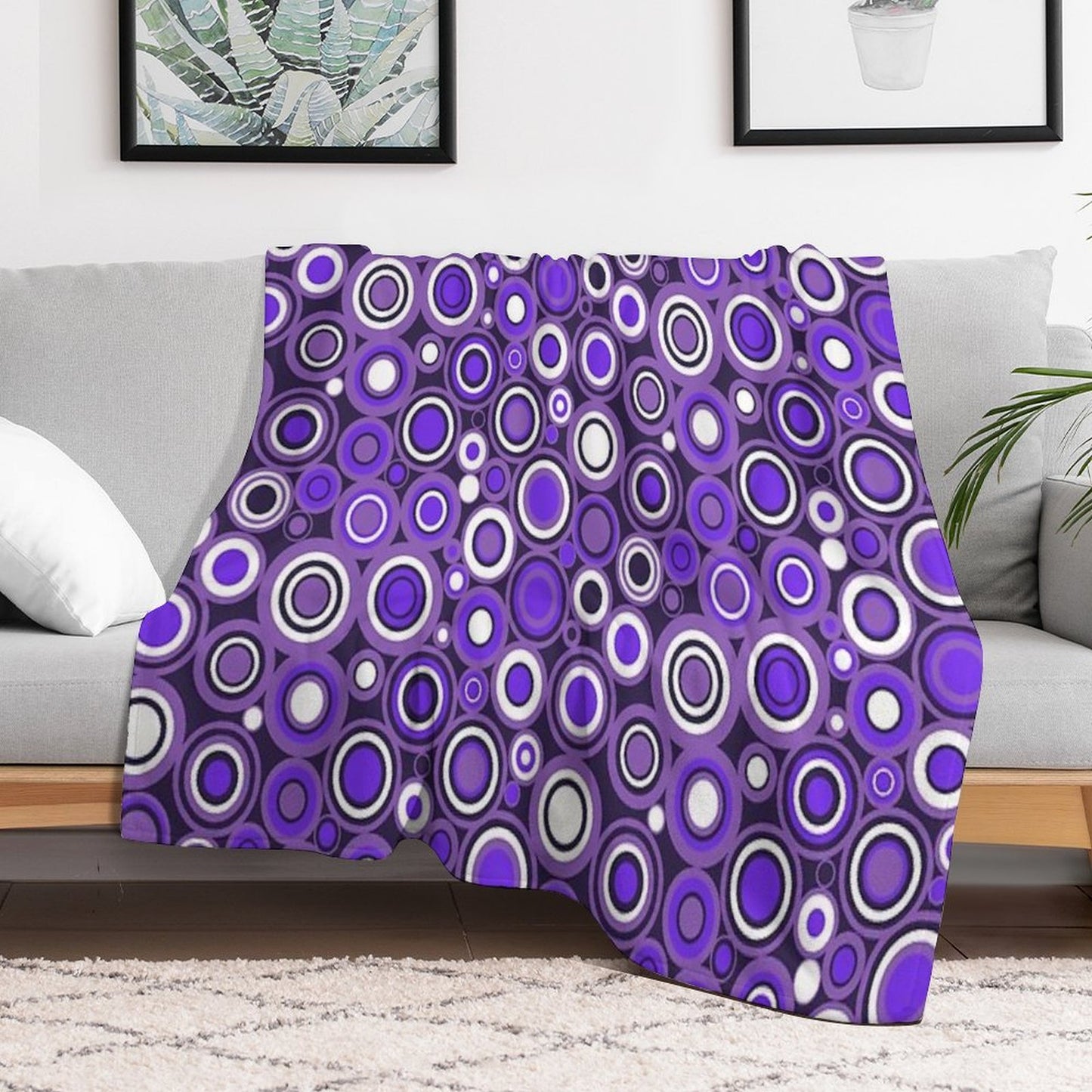 Ultra Violet, Purple And White Circle Retro Pattern Throw Blanket