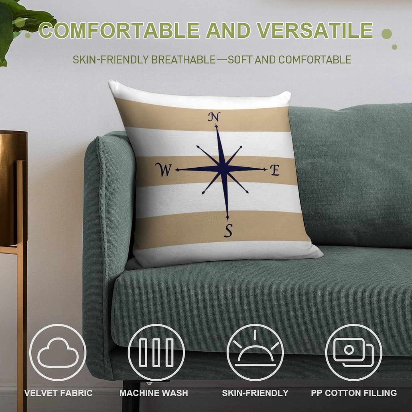 Nautical Navy Blue Compass On Tropical Tan And White Stripes Soft Durable Construction Throw Pillow