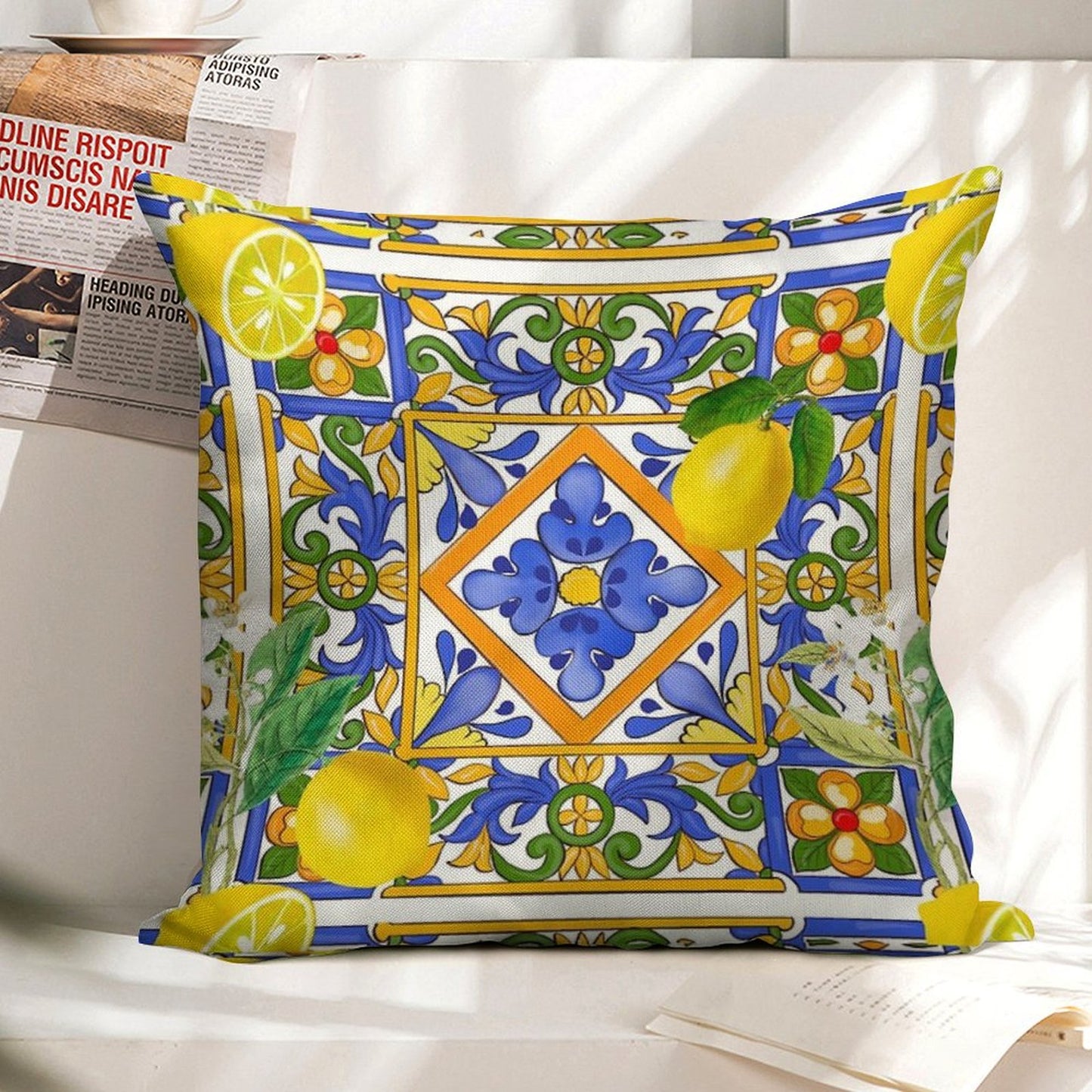 Summer ,Sicilian Tiles ,citrus,oranges,majolica,lemons ,Mediterranean Linen Throw Pillow Cover