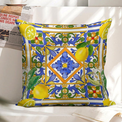 Summer ,Sicilian Tiles ,citrus,oranges,majolica,lemons ,Mediterranean Linen Throw Pillow Cover