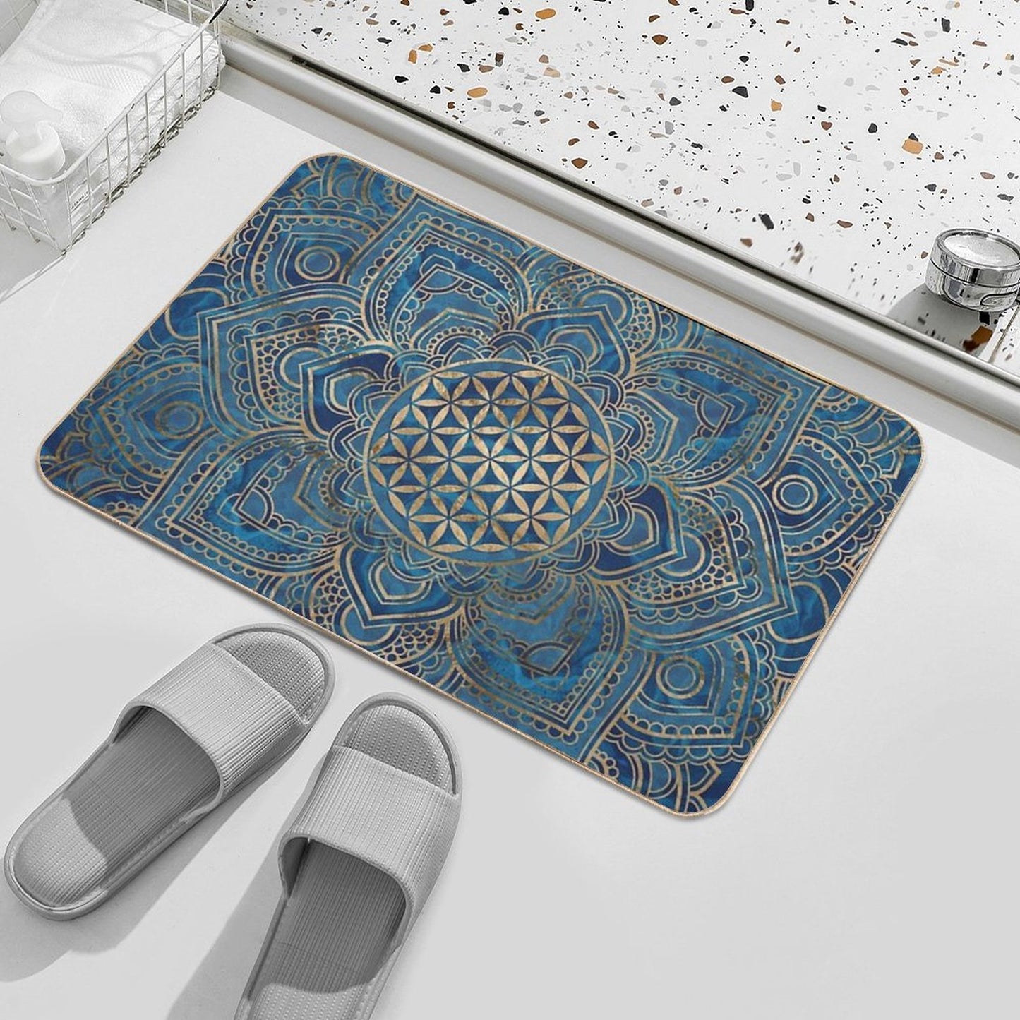 Flower of Life in Lotus Mandala - Blue Marble And Gold Bath Mat