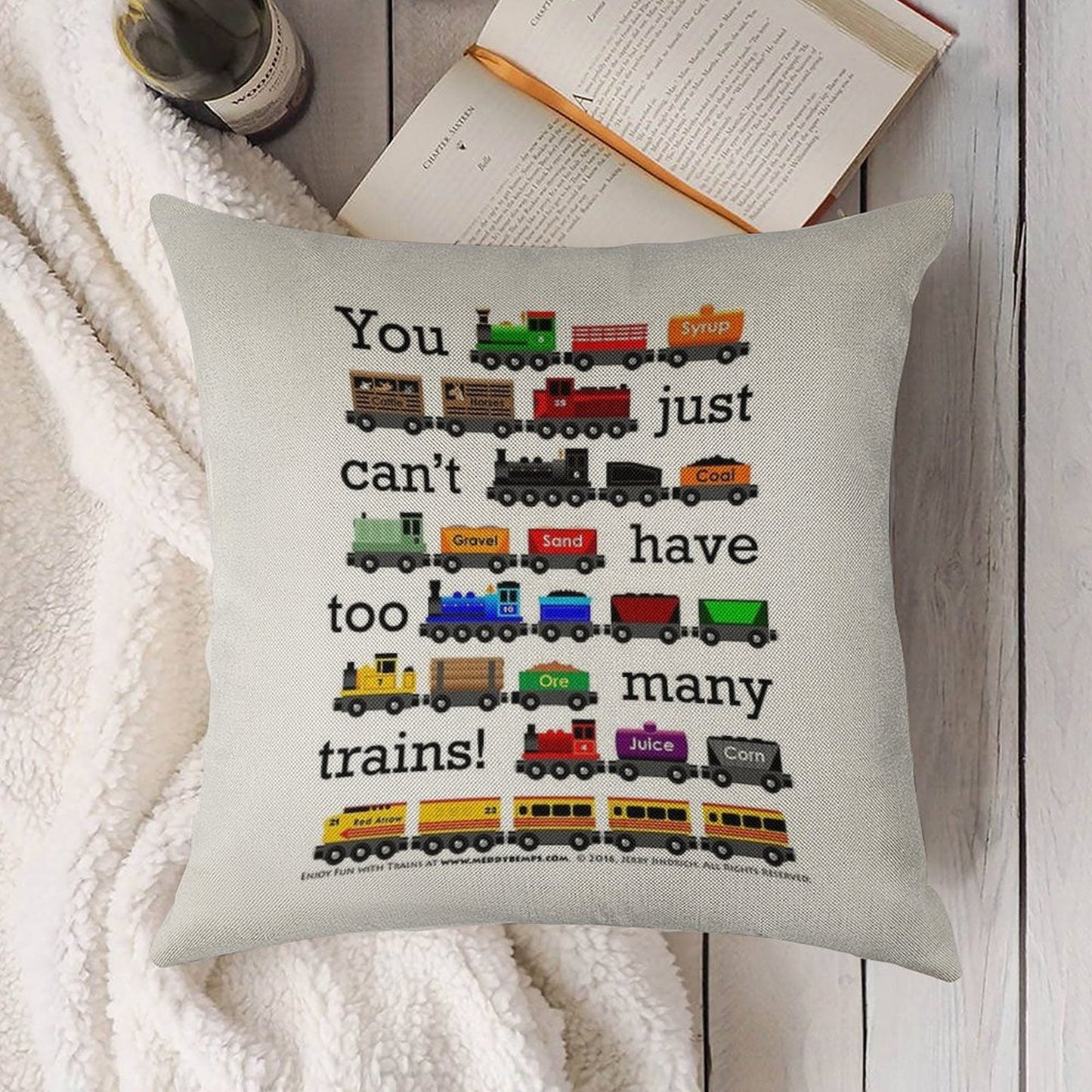 Too Many Trains - Black Lettering Linen Throw Pillow Cover