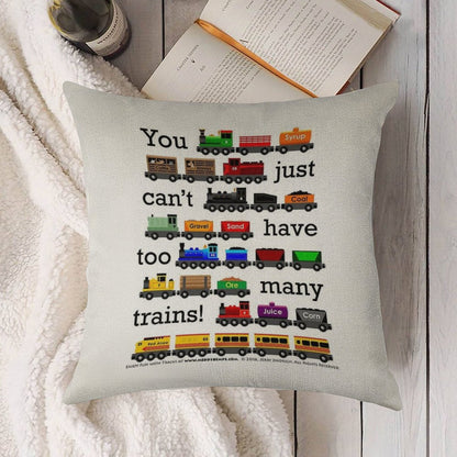 Too Many Trains - Black Lettering Linen Throw Pillow Cover