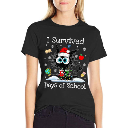 Funny Black Cat Christmas I Survived 67 Days of School  Cotton T-Shirt