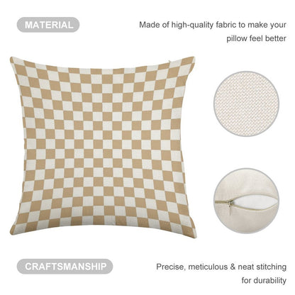 White And Tan Brown Checkerboard Linen Throw Pillow Cover