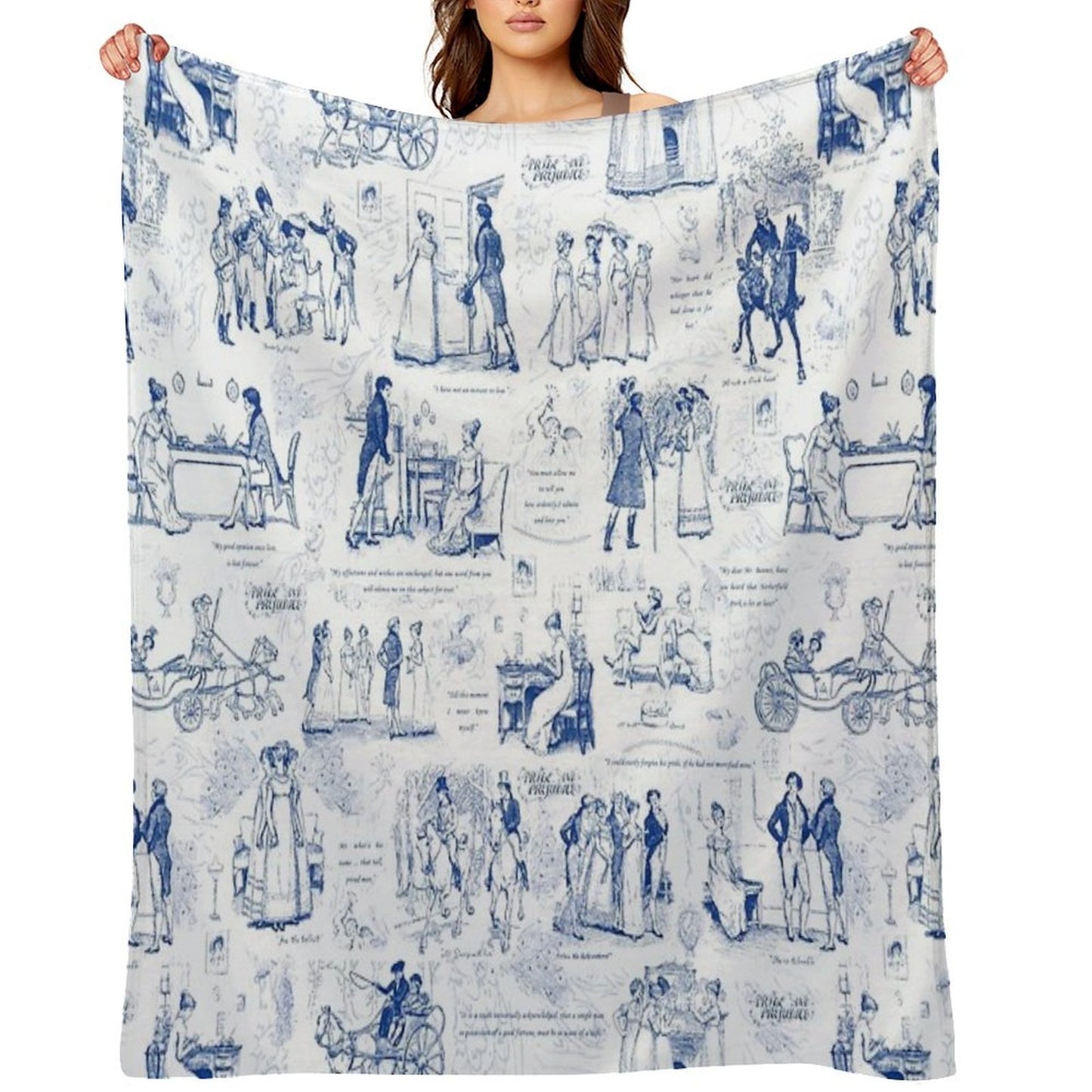 Pride And Prejudice Blue Toile Illustrations Quotes Pattern Throw Blanket