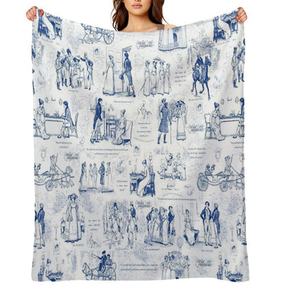 Pride And Prejudice Blue Toile Illustrations Quotes Pattern Throw Blanket