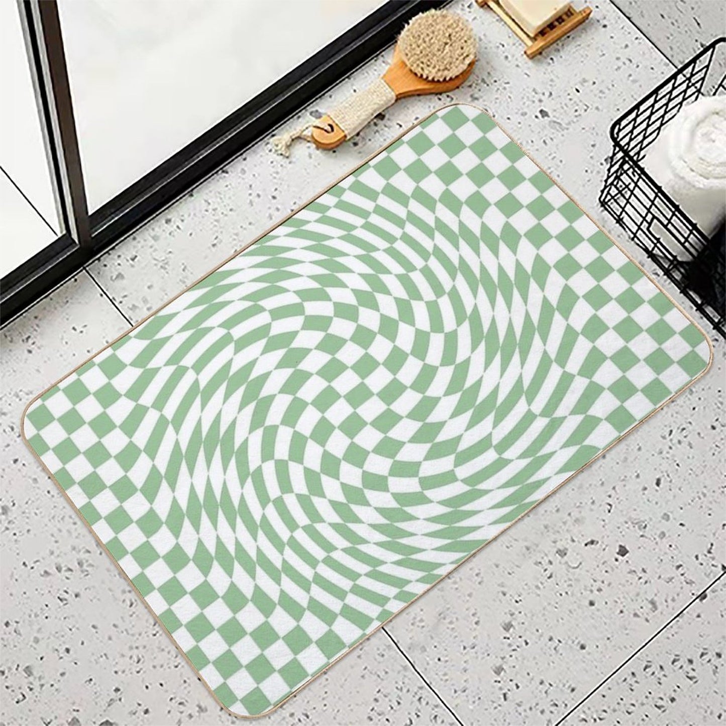 Sage Green And White Checker Warp Pattern Bath Mat