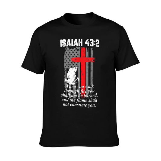 Thin Red Line Firefighter Cross Bible Verse American Flag T-Shirt