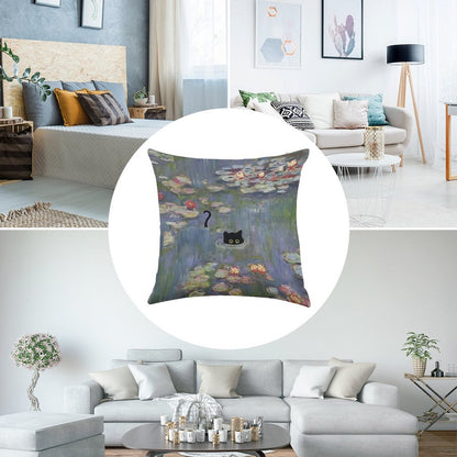 Cat Monet Waterlily Linen Throw Pillow Cover
