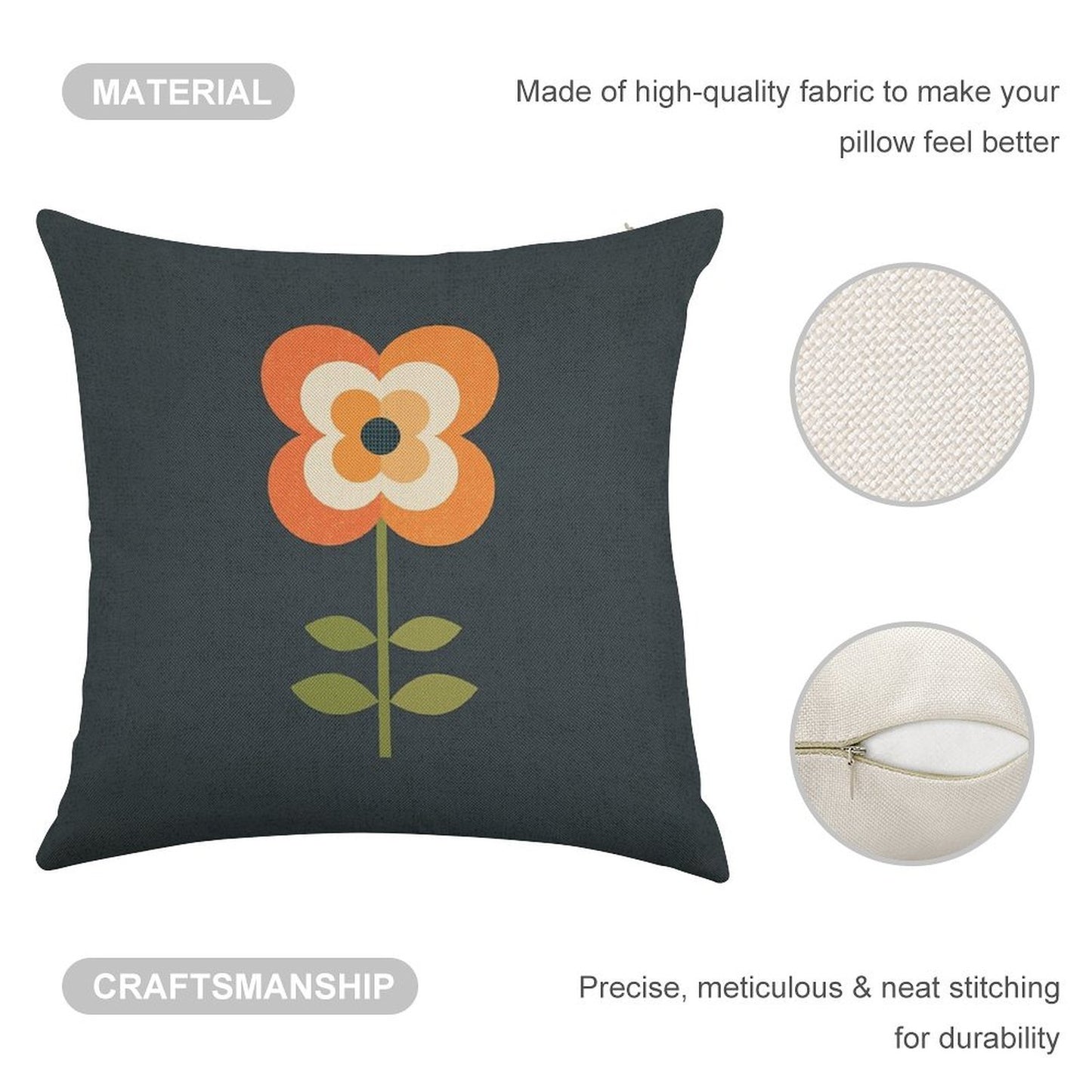 Retro Flower - Orange And Charcoal Linen Throw Pillow Cover