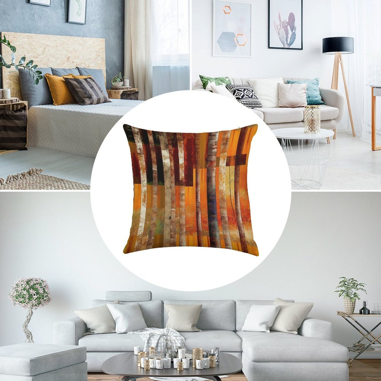 Abstract Forest Orange Stripes Linen Throw Pillow Cover