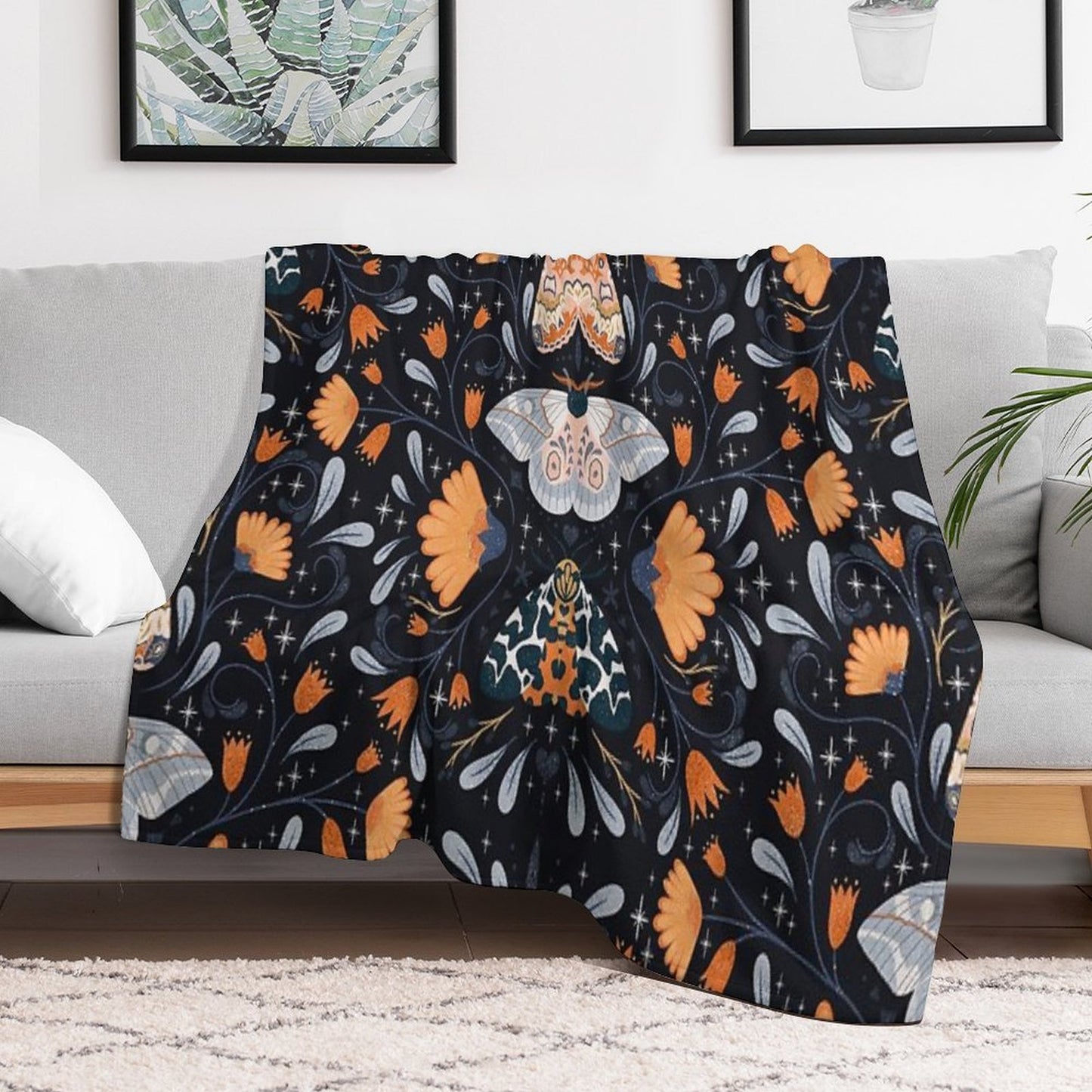 Floral Moths  Black Throw Blanket
