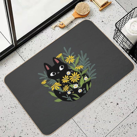 Black Cat with Flowers  Slip-Resistant Bath Mat