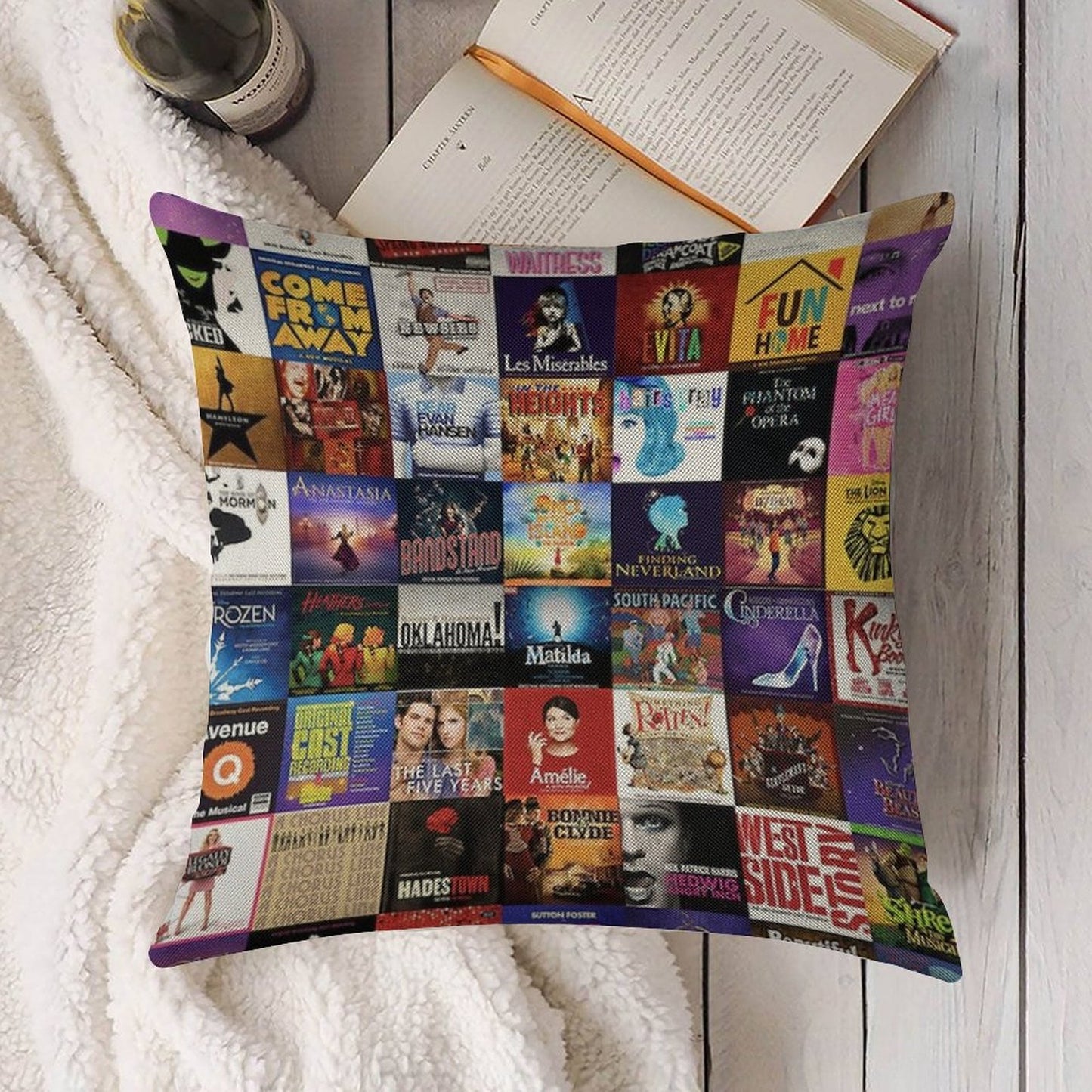 Musicals Collage Linen Throw Pillow Cover