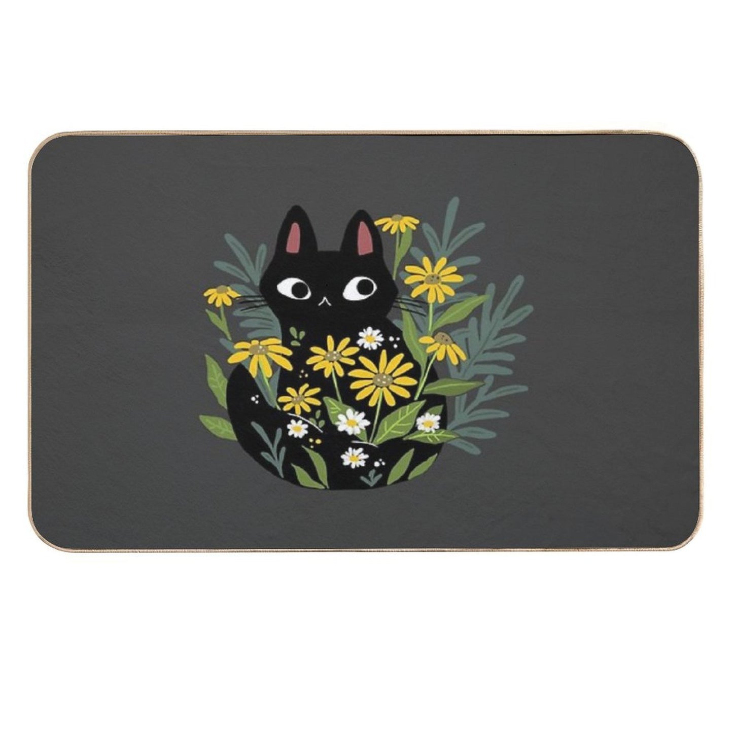 Black Cat with Flowers  Slip-Resistant Bath Mat