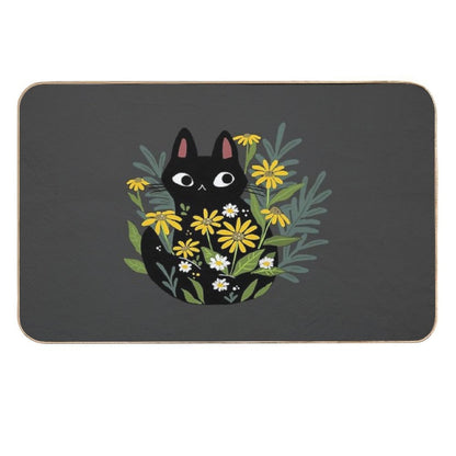 Black Cat with Flowers  Slip-Resistant Bath Mat