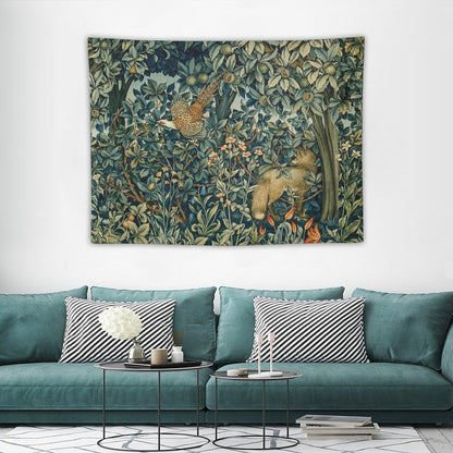 GREENERY, FOREST ANIMALS Pheasant And Fox Blue Green Floral Tapestry Tapestry