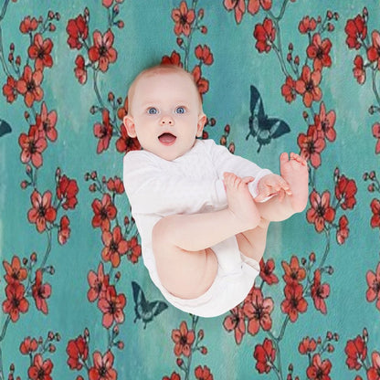 Sakura Butterflies in Turquoise Throw Blanket