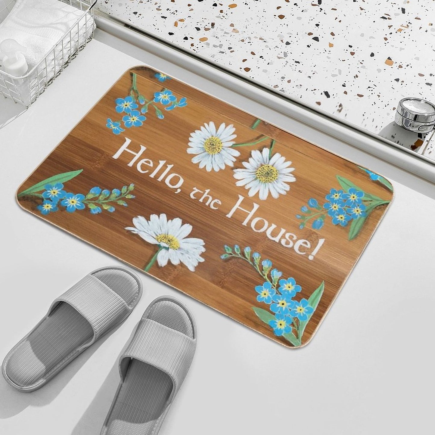 Hello The House Forget Me Nots Chamomile Daisies Strawberry Flowers on Wood Painting Art Sign Welcome Greeting by Laura Rispoli Bath Mat