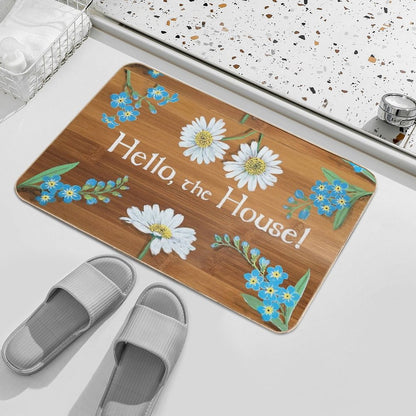 Hello The House Forget Me Nots Chamomile Daisies Strawberry Flowers on Wood Painting Art Sign Welcome Greeting by Laura Rispoli Bath Mat