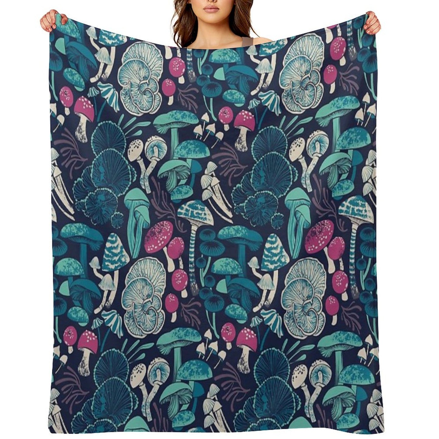Mystical Fungi  Midnight Blue Background Mint Teal And Dark Pink Wild Mushrooms Throw Blanket