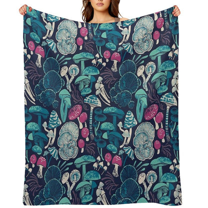 Mystical Fungi  Midnight Blue Background Mint Teal And Dark Pink Wild Mushrooms Throw Blanket