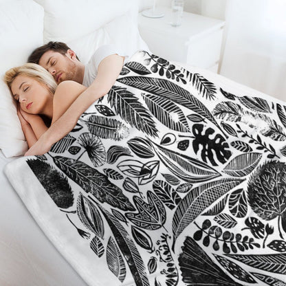 Mixed Leaves, Lino Cut Printed Nature Inspired Hand Printed Pattern Throw Blanket