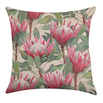 Painted King Proteas on Cream Linen Throw Pillow Cover