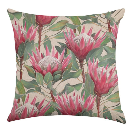 Painted King Proteas on Cream Linen Throw Pillow Cover