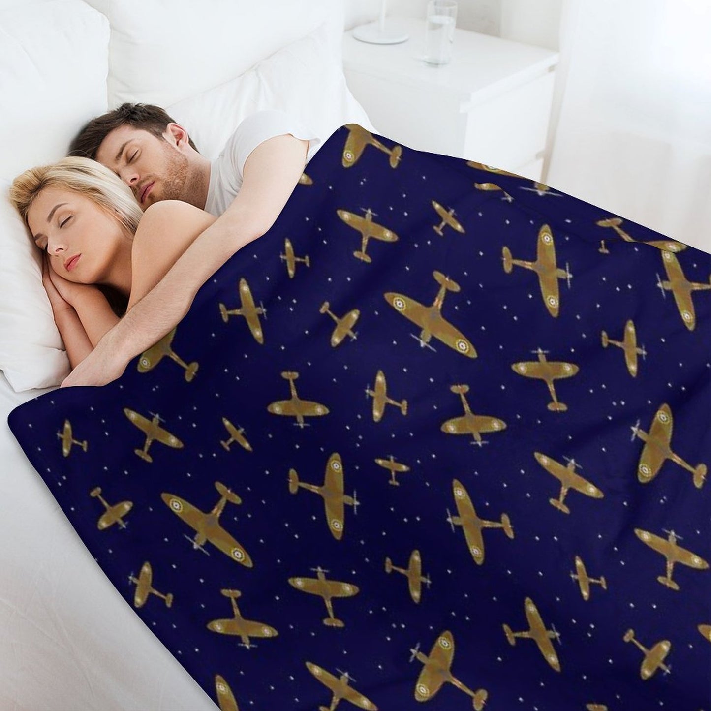 Spitfire War Planes in Flight on Navy Blue Throw Blanket