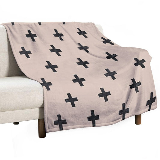 Beige And Black Textured Swiss Cross Pattern Throw Blanket