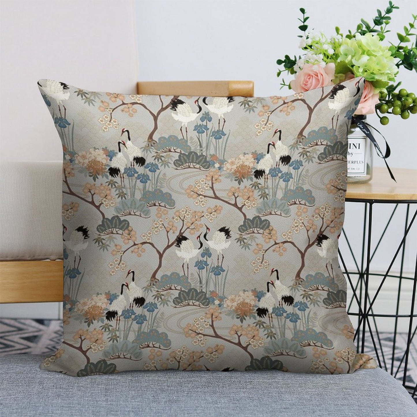 Japanese Garden Gray Linen Throw Pillow Cover